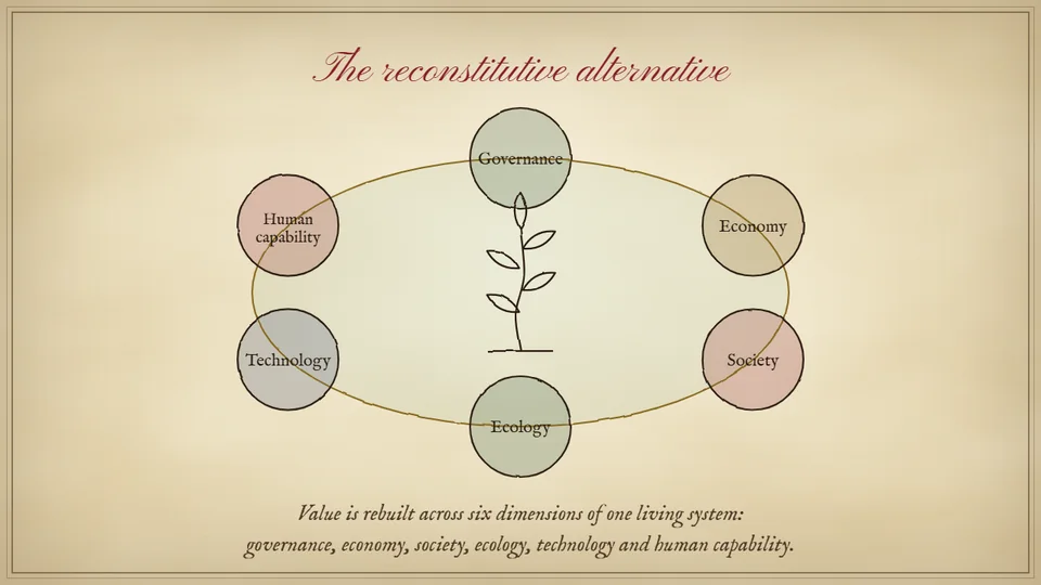 The alternative: six dimensions of a single living system, with a sapling at its centre.